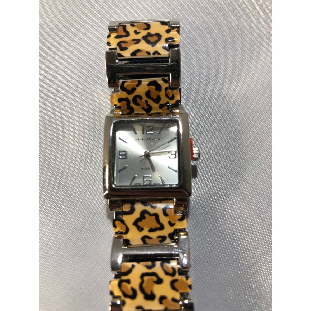 Hugo by Hugo Boss Leopard Print Square Dial Quartz Watch Silver Tone Link Band